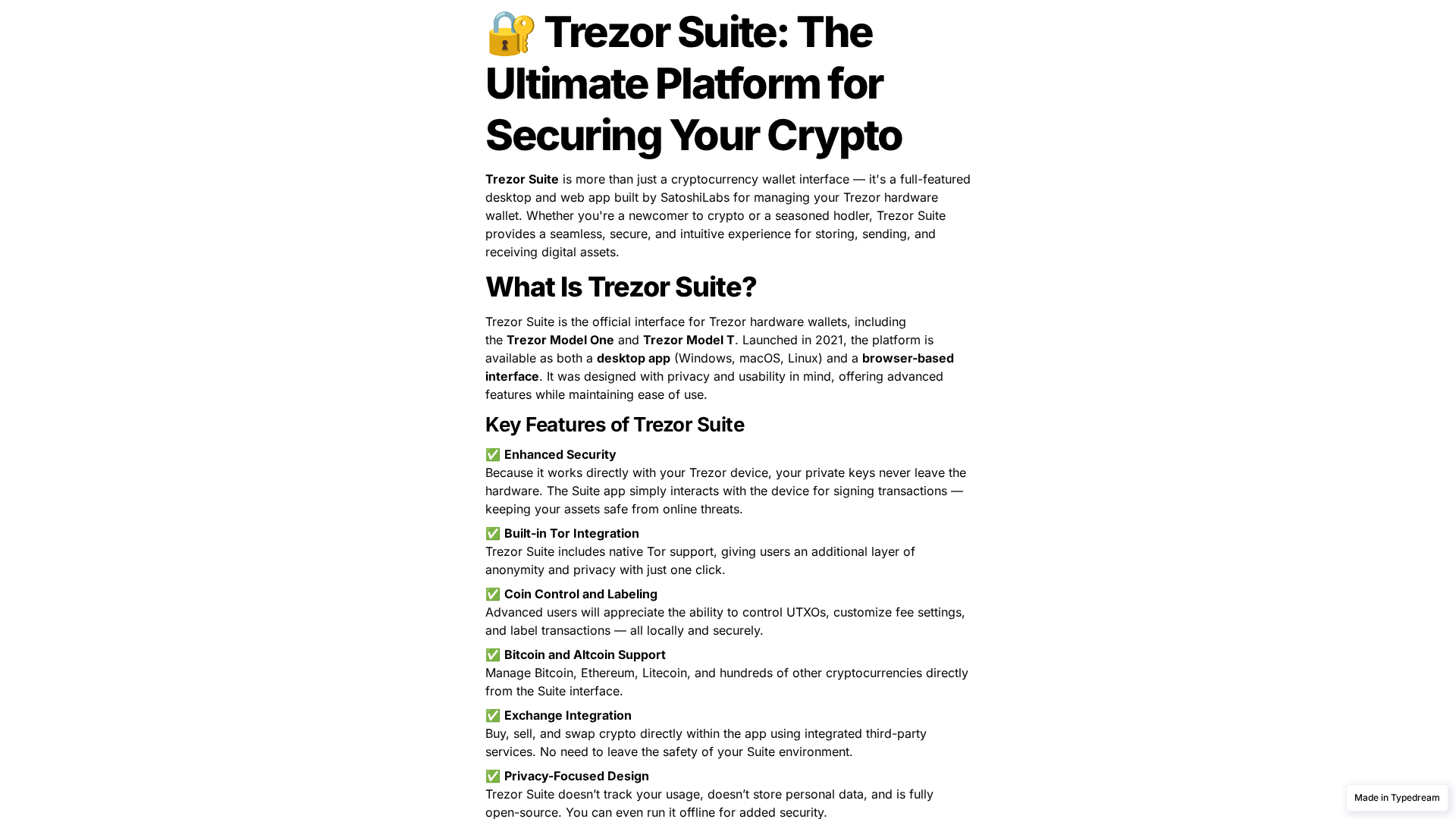Screenshot of begin-faq-trezer-suite-page.typedream.app