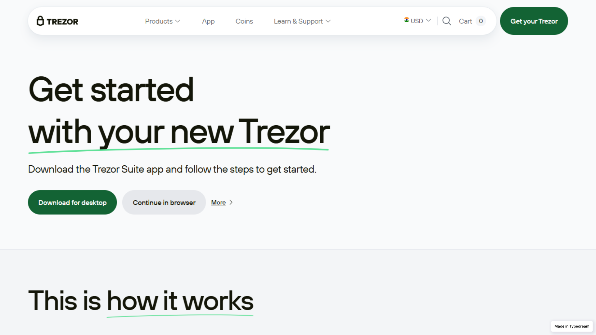 Screenshot of publlic-trezor-suite.typedream.app