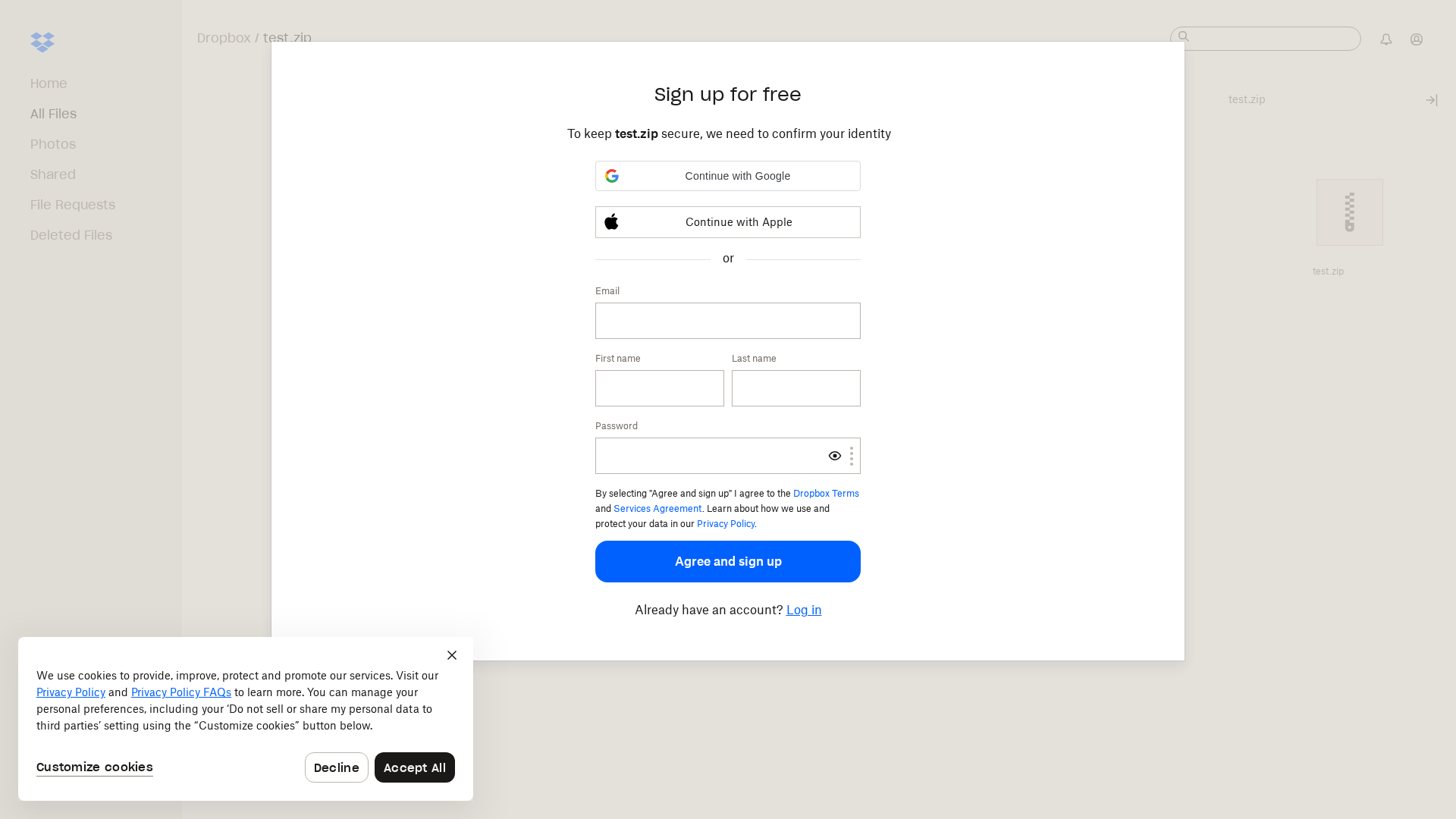 Screenshot of dropbox.com