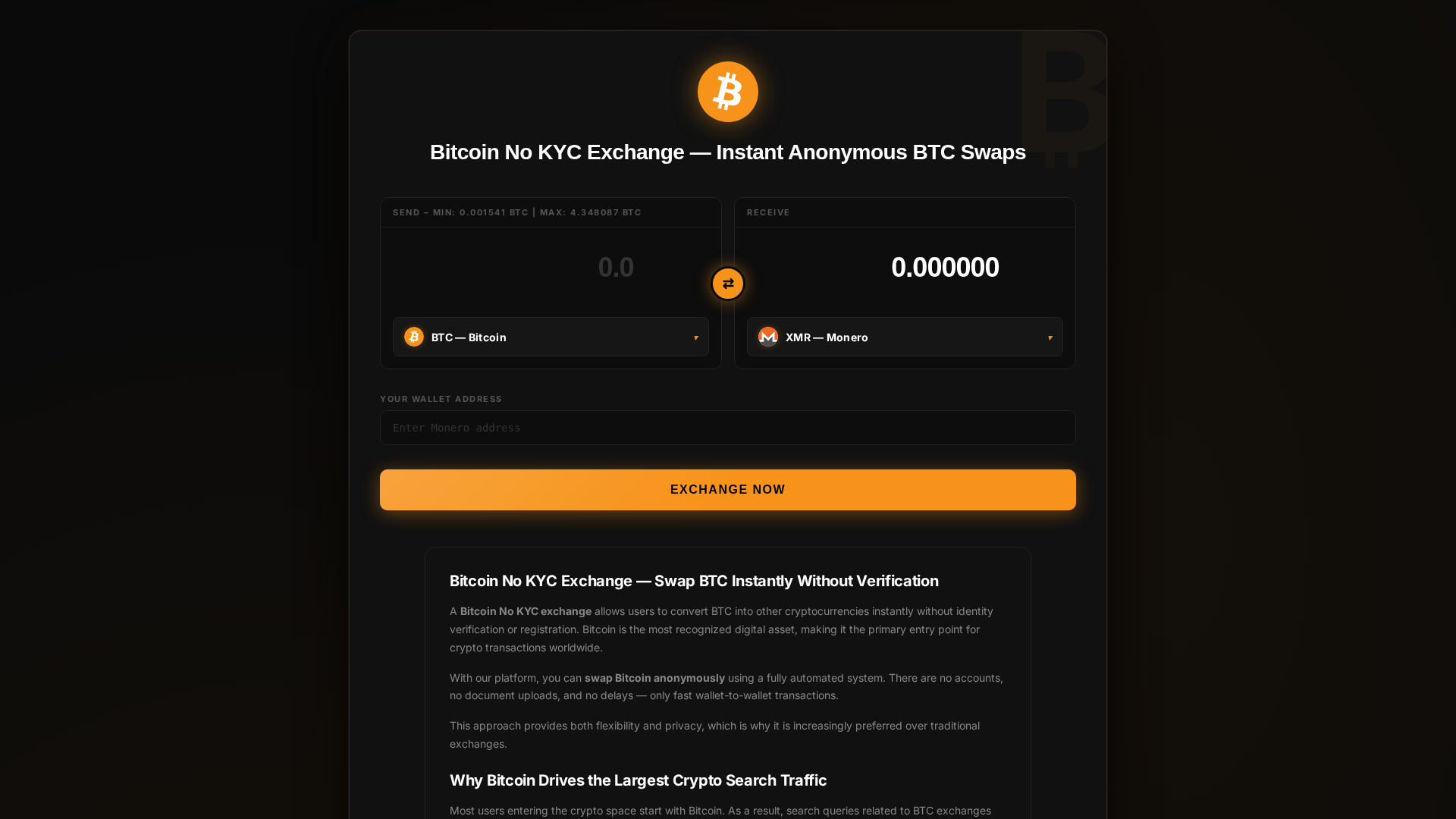 Screenshot of no-kyc-bitcoin.exchange