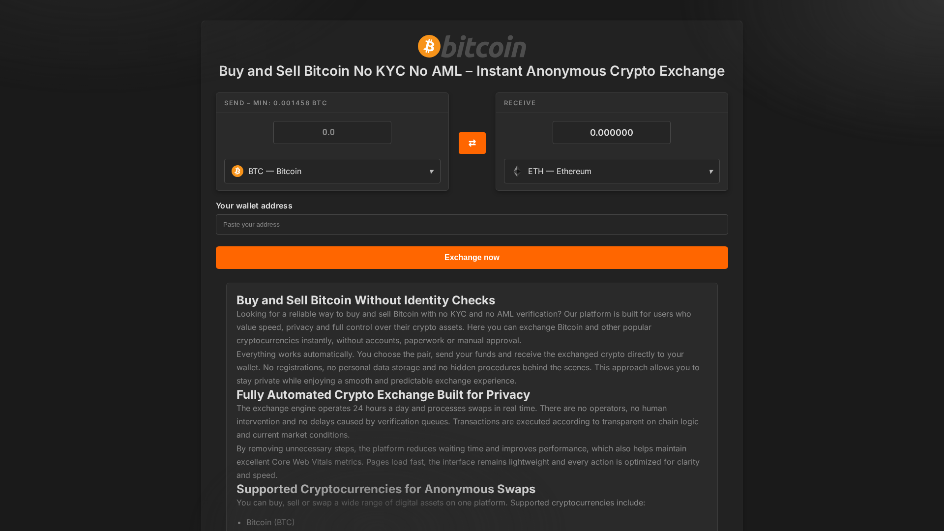 Screenshot of btc-exchange-nokyc.com
