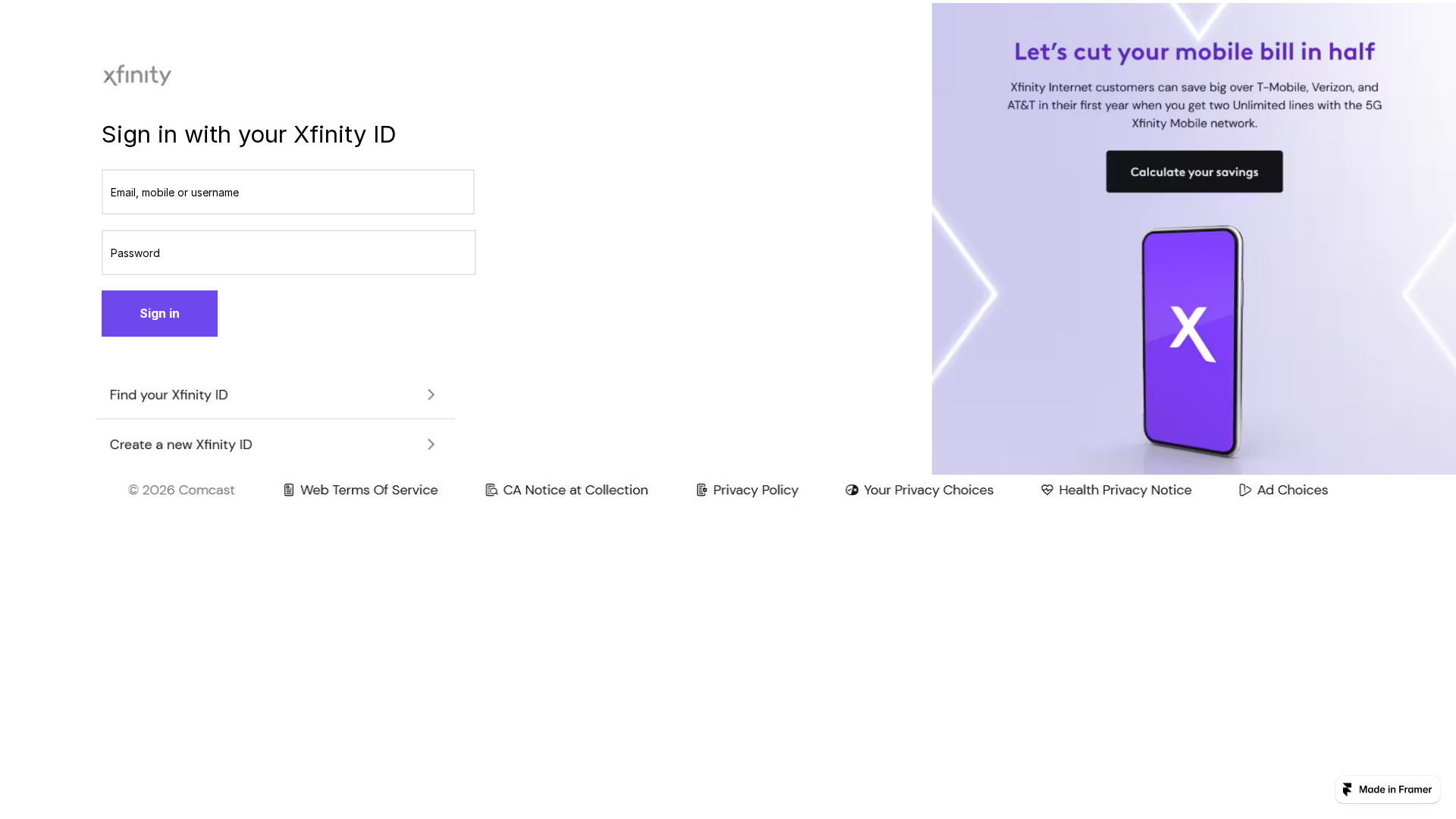 Screenshot of my-xfinity-account-update-domain.framer.website