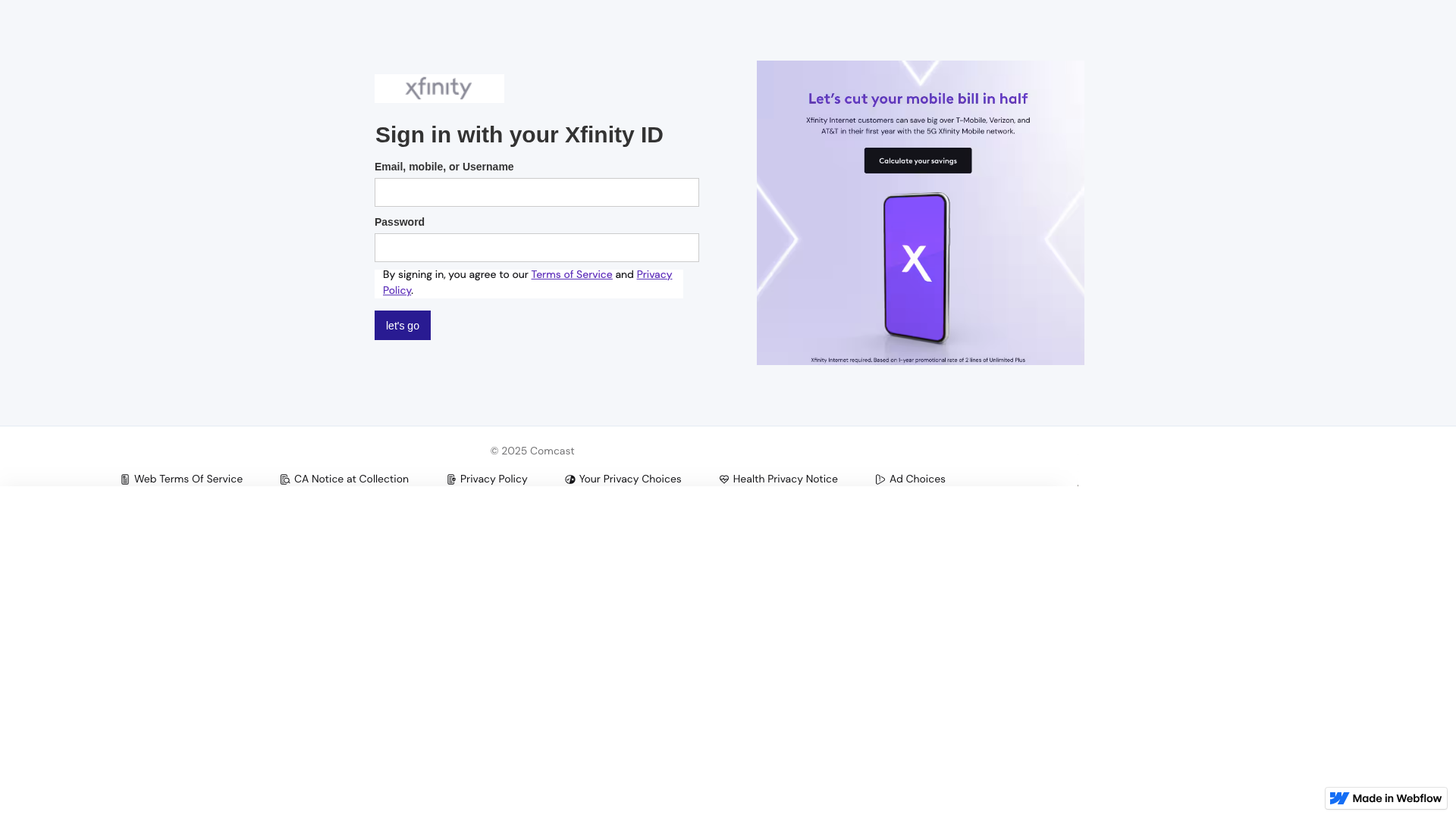 Screenshot of comcast-mobile.webflow.io