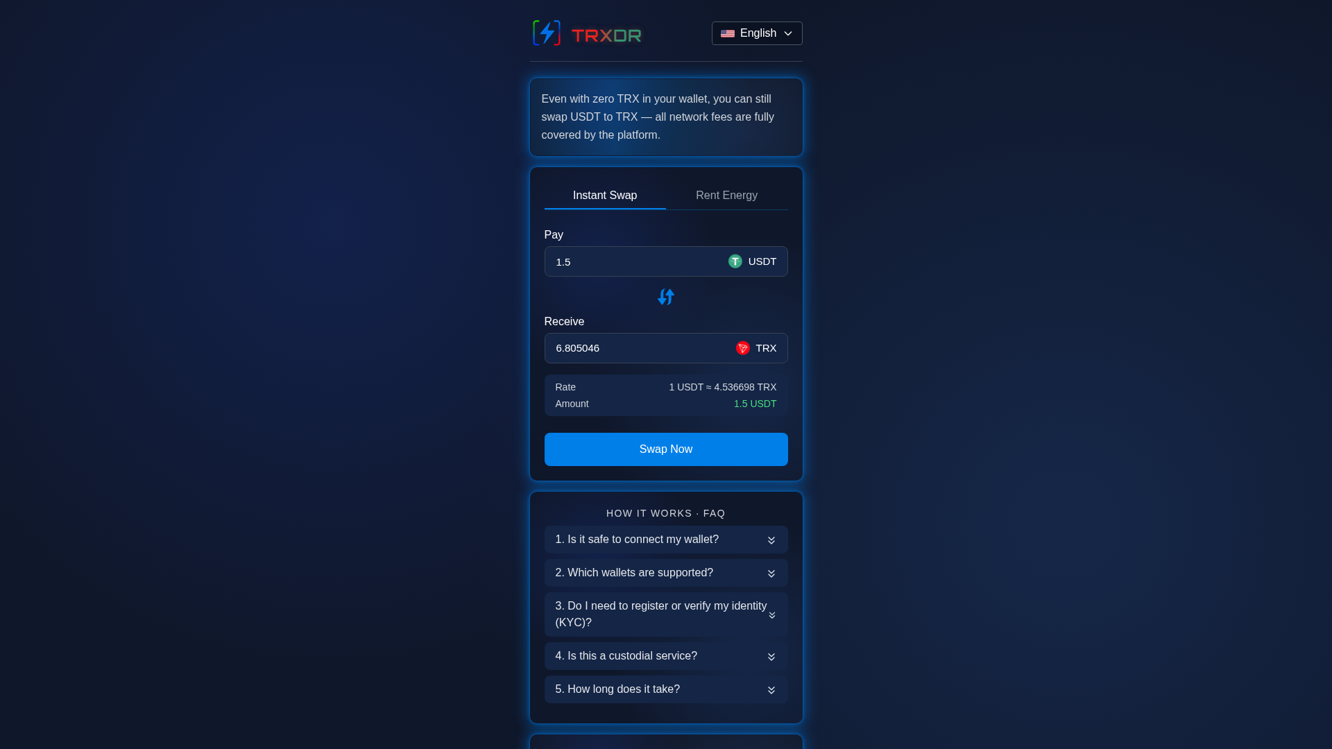 Screenshot of exchange.trxdr.com