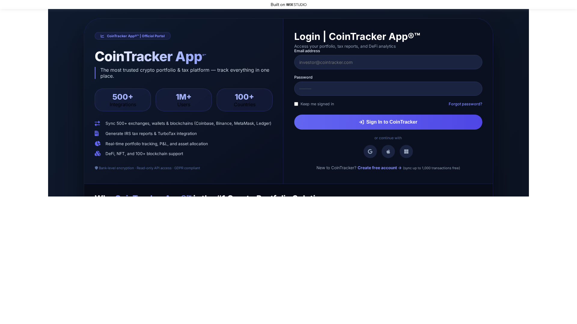 Screenshot of cointrackr-apps.wixstudio.com
