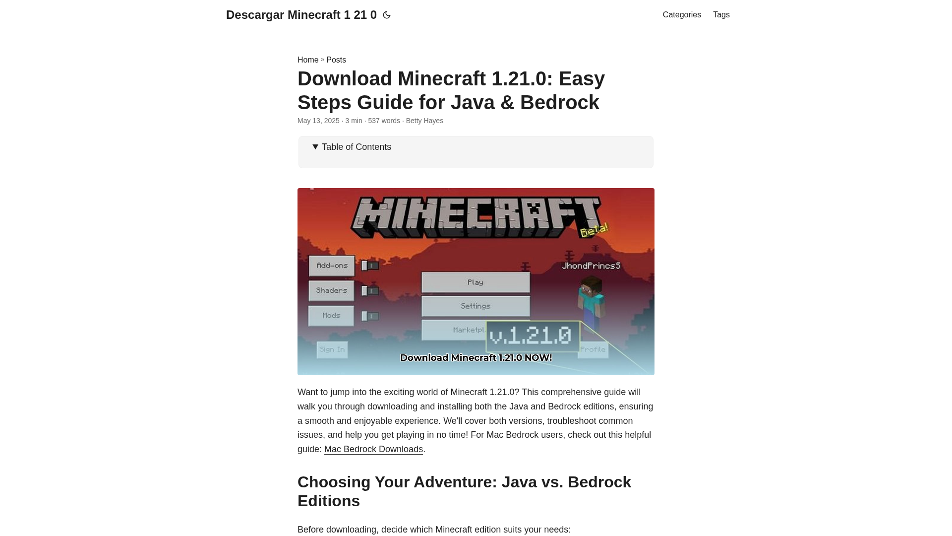 Screenshot of descargar-minecraft-1-21-0.pages.dev