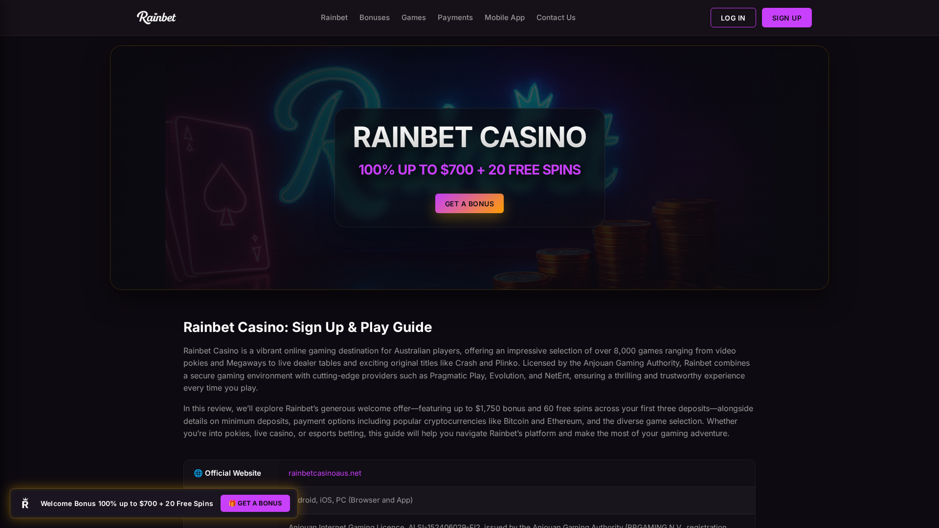 Screenshot of rainbetcasinoaus.net