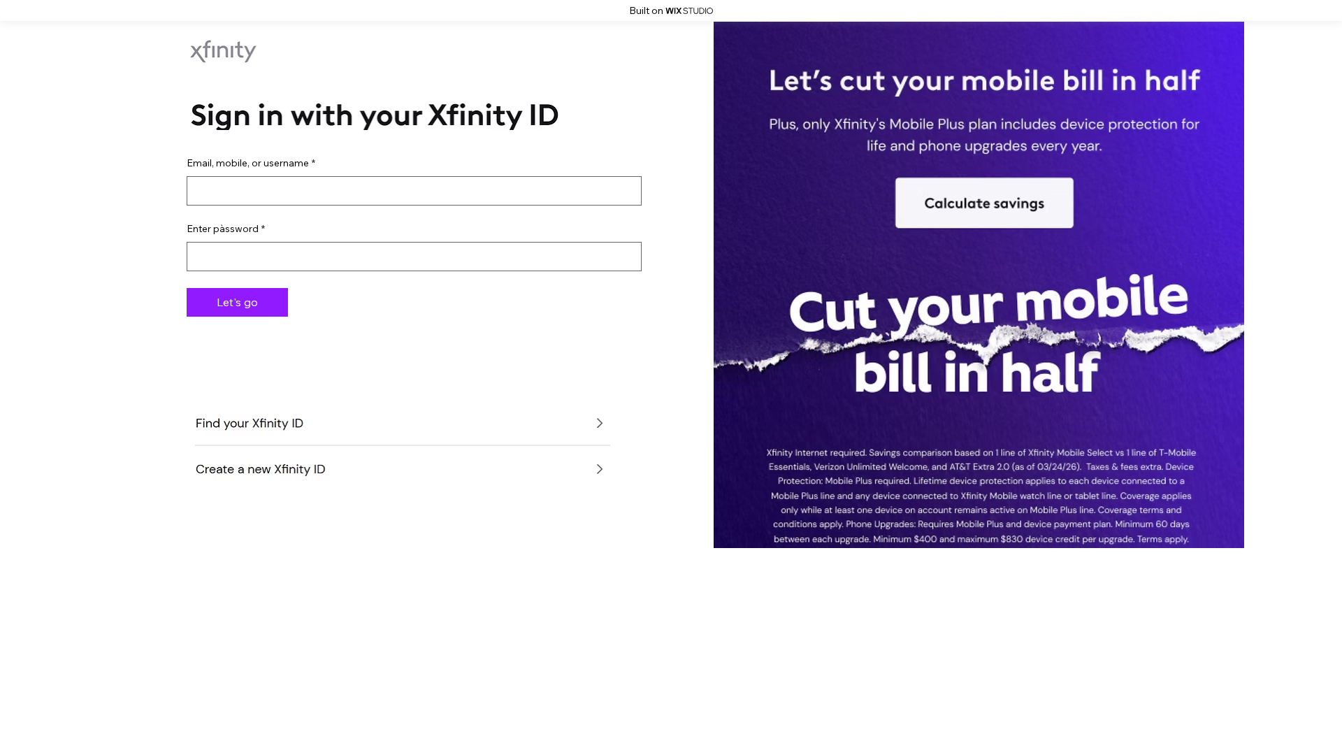 Screenshot of xfinity0auth.wixstudio.com