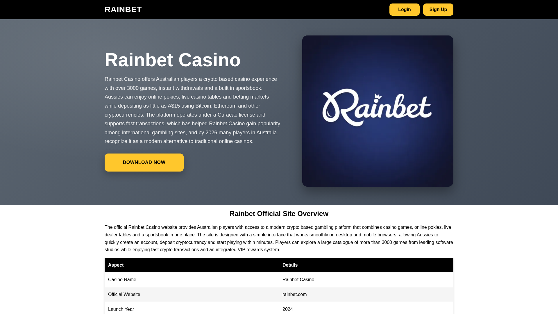 Screenshot of rainbetcasinoaus.com