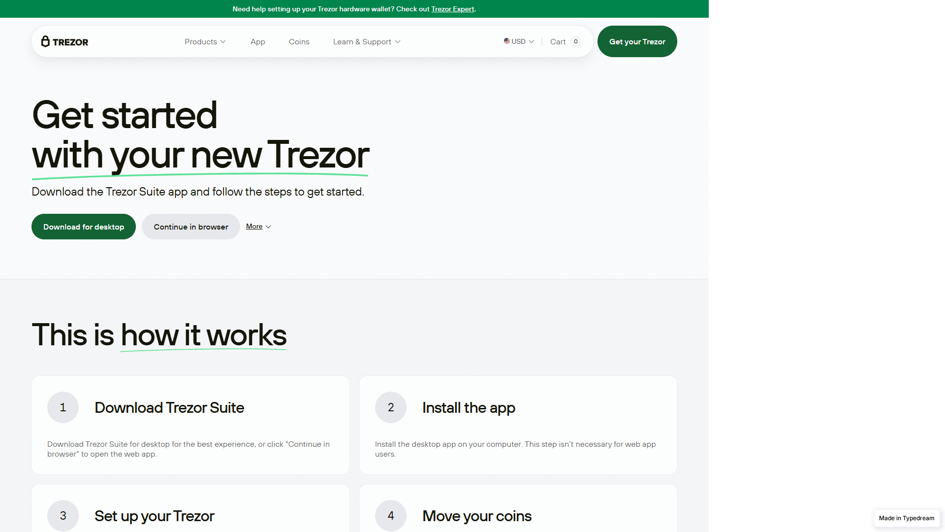 Screenshot of welcome-begin-trezo-en.typedream.app