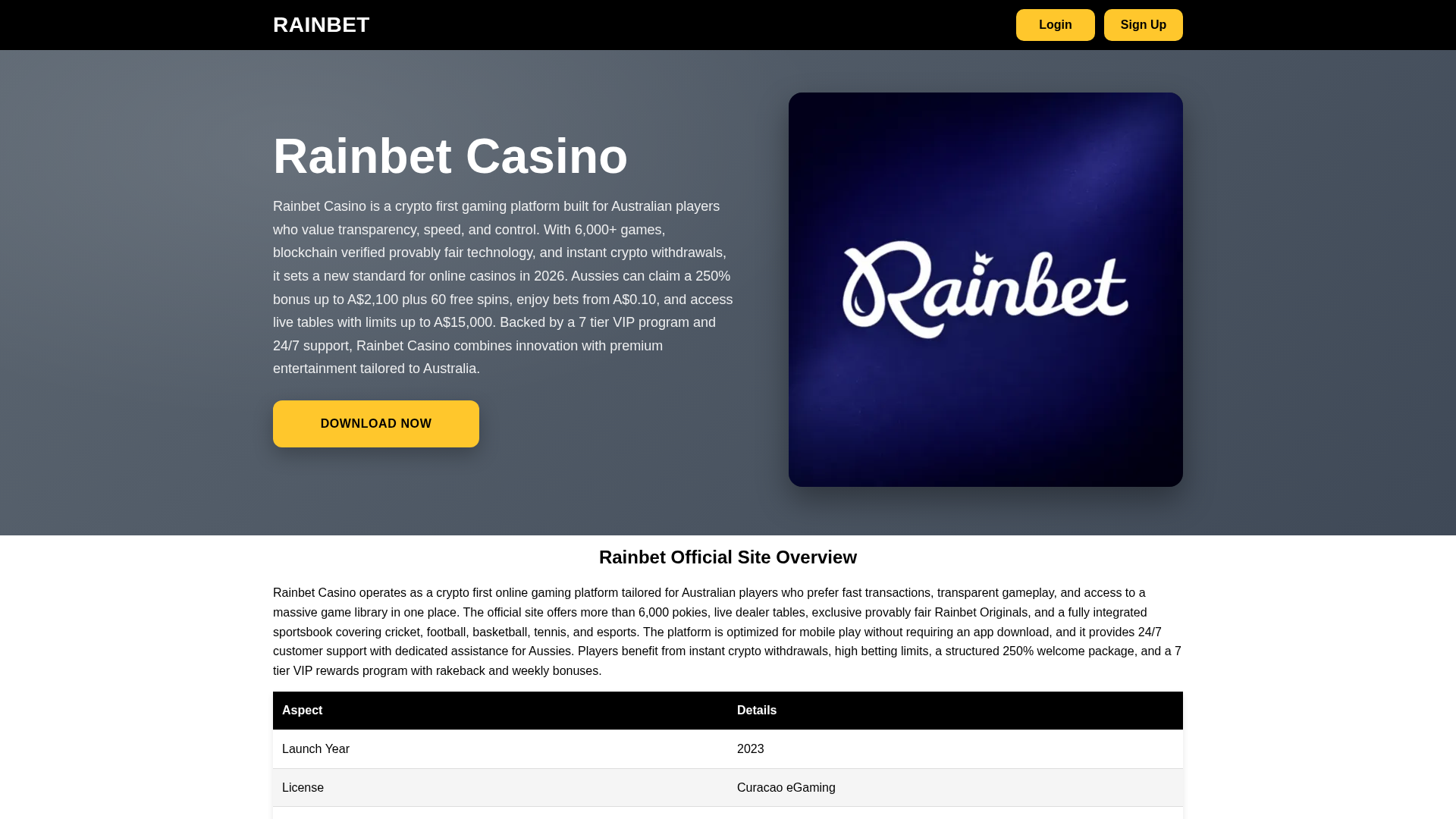 Screenshot of rainbetcasinoau.com