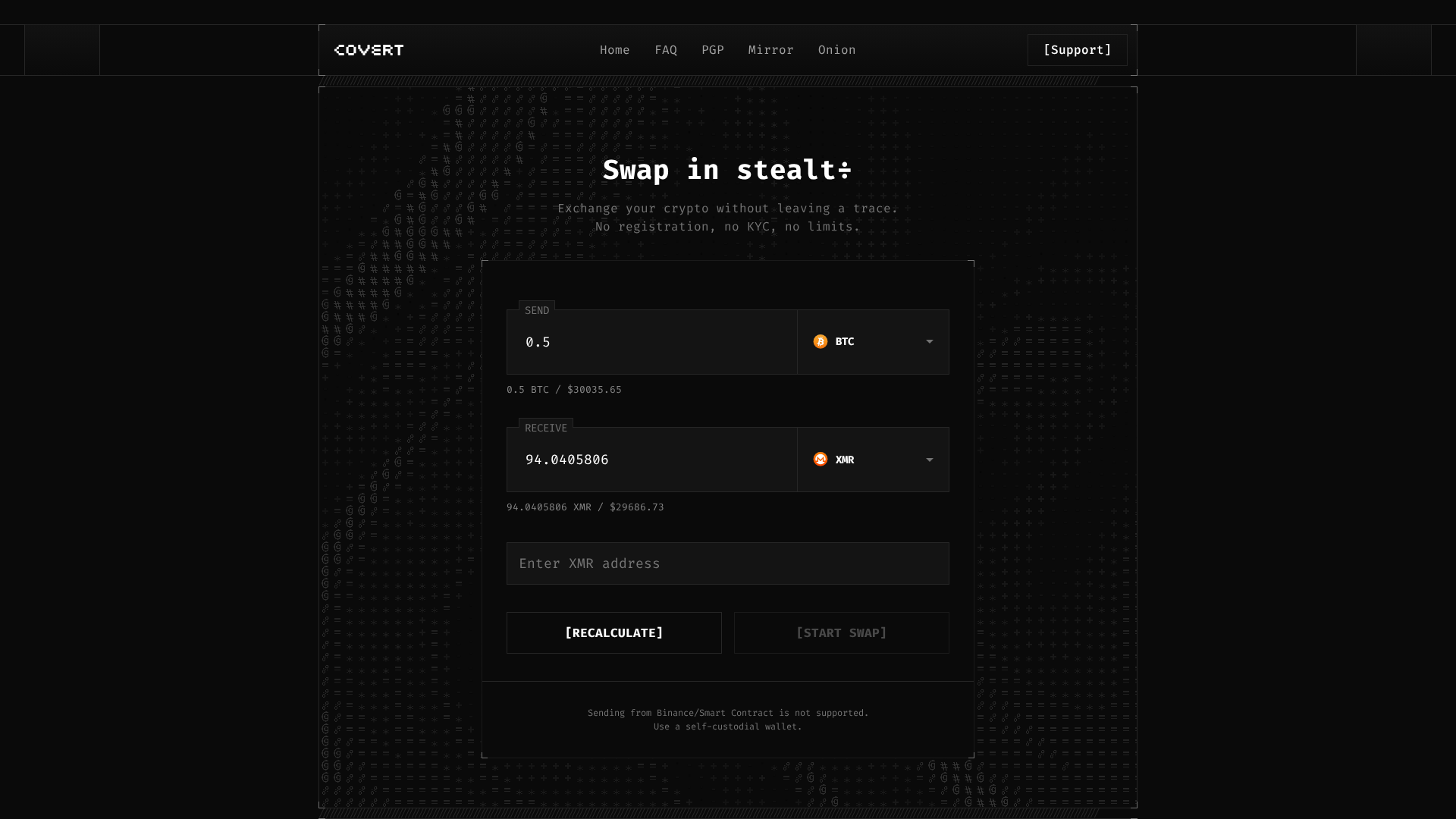 Screenshot of covert.exchange