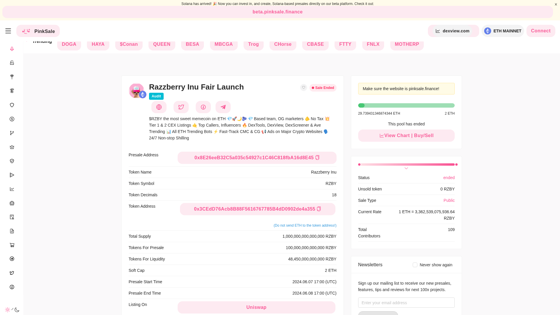 Screenshot of pinksale-financelaunchpad0x8e26eeb32c5a032256-razzberryinu.pages.dev