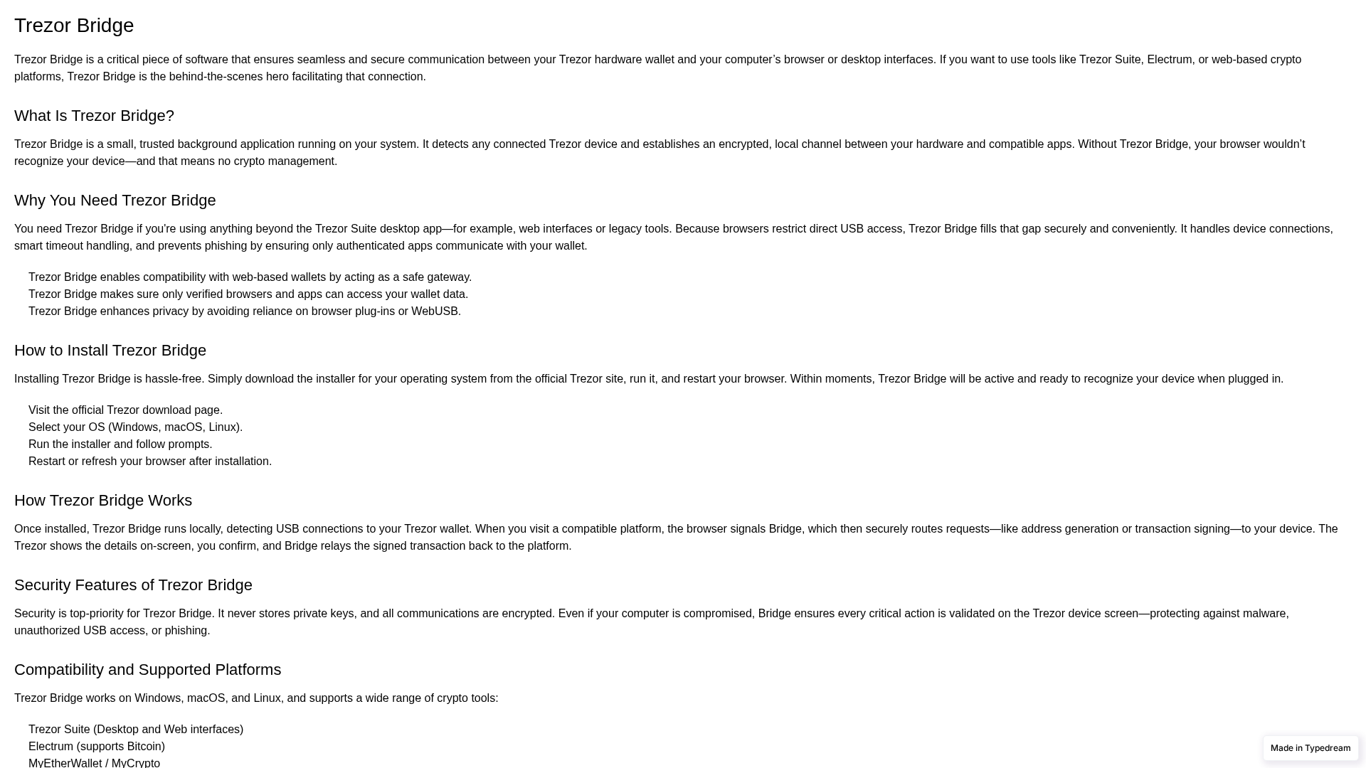 Screenshot of interface-bridge-trezr.typedream.app