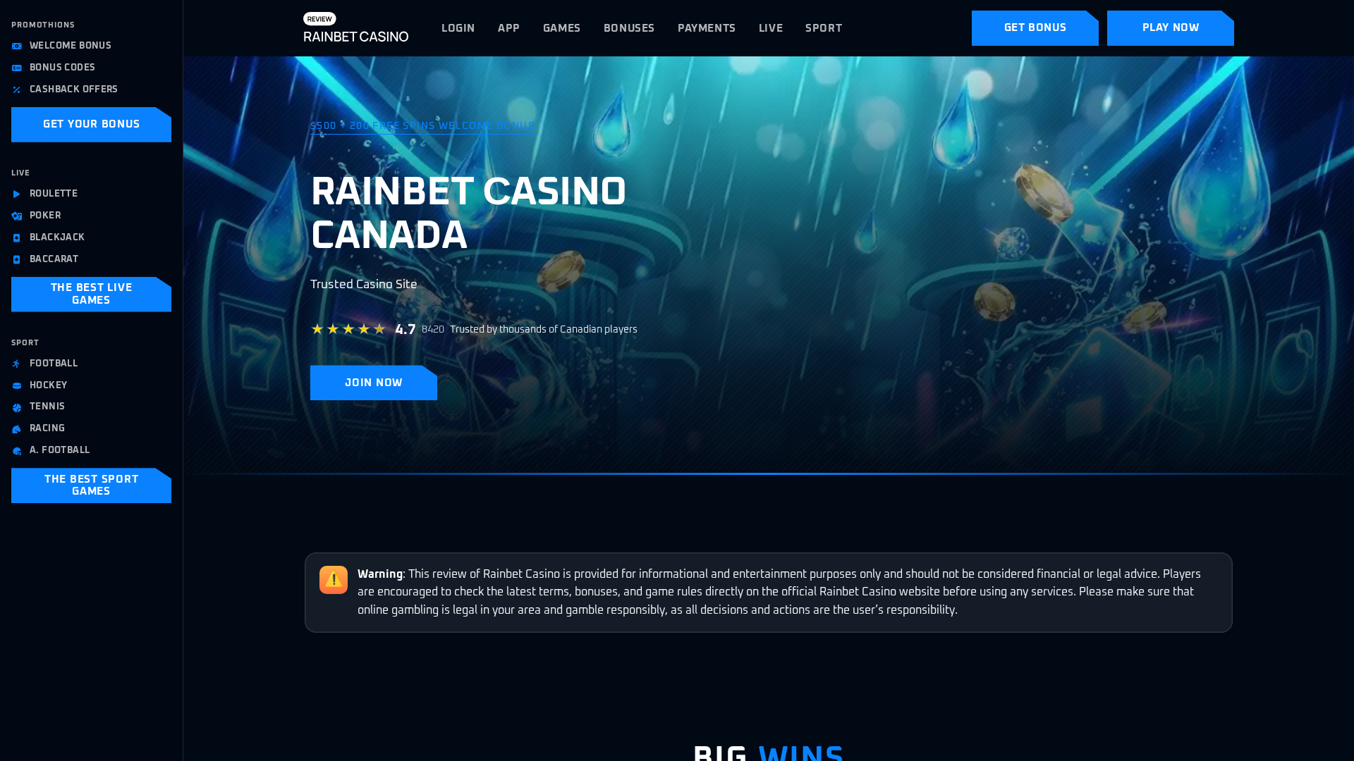 Screenshot of rainbetcasinoonline.ca