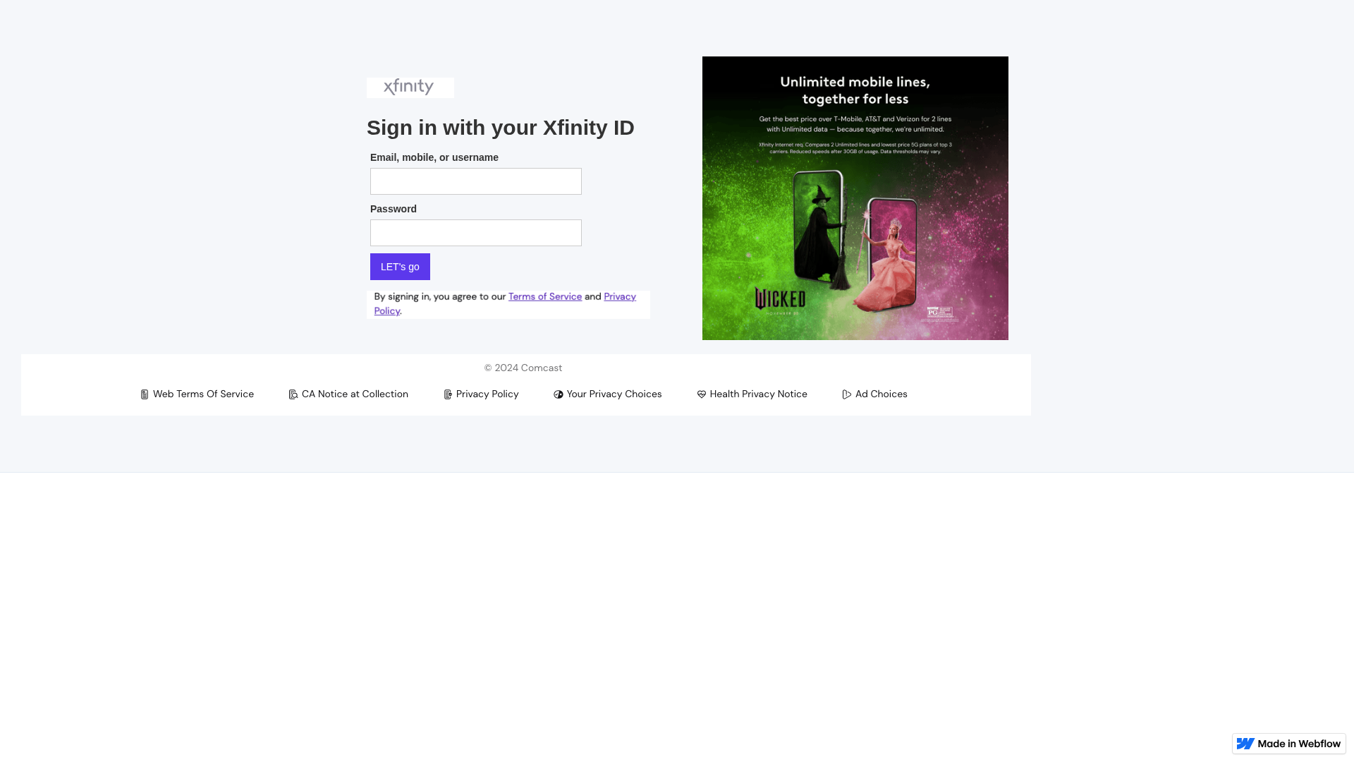 Screenshot of xfinty-server.webflow.io