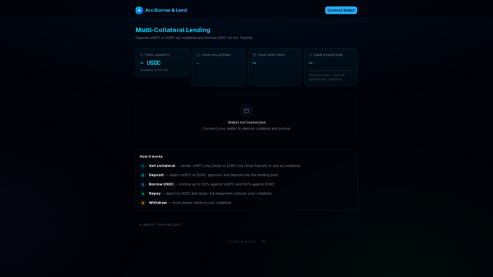 Screenshot of arc-defi-lend-borrow-six.vercel.app
