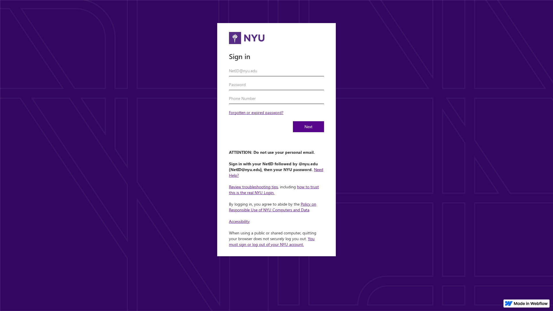 Screenshot of nyu-edu-login.webflow.io