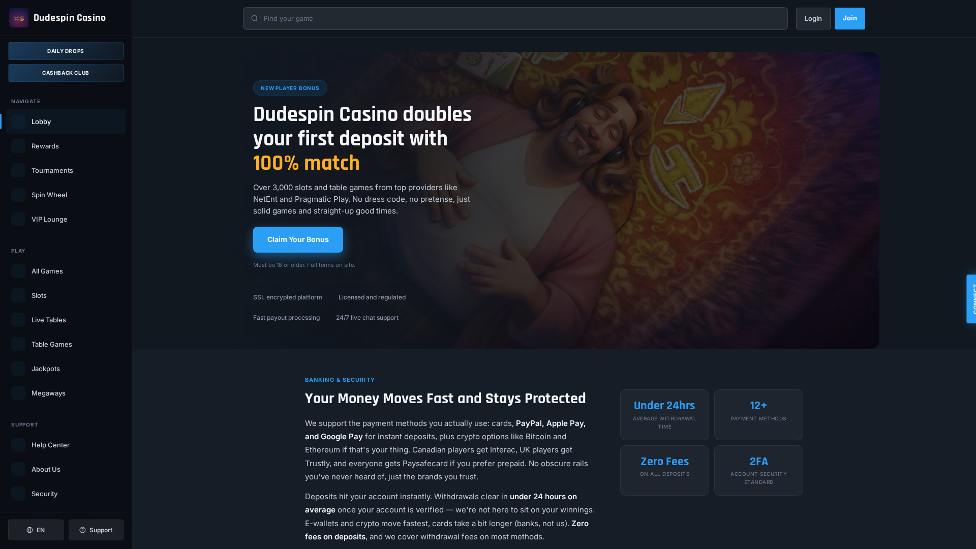 Screenshot of dudespinn-casino.com