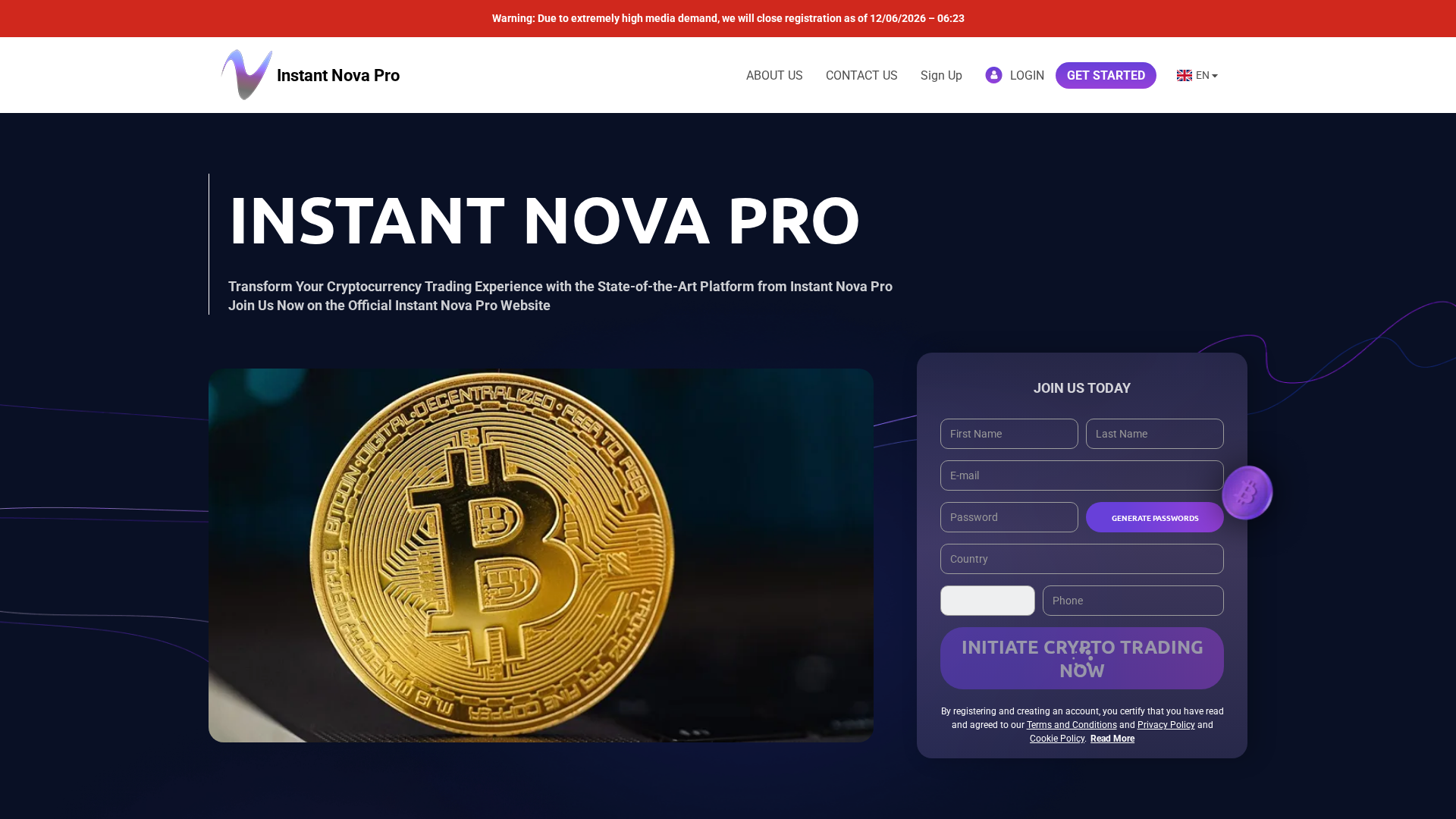Screenshot of instantnova-pro-com.financecryptoworld.com