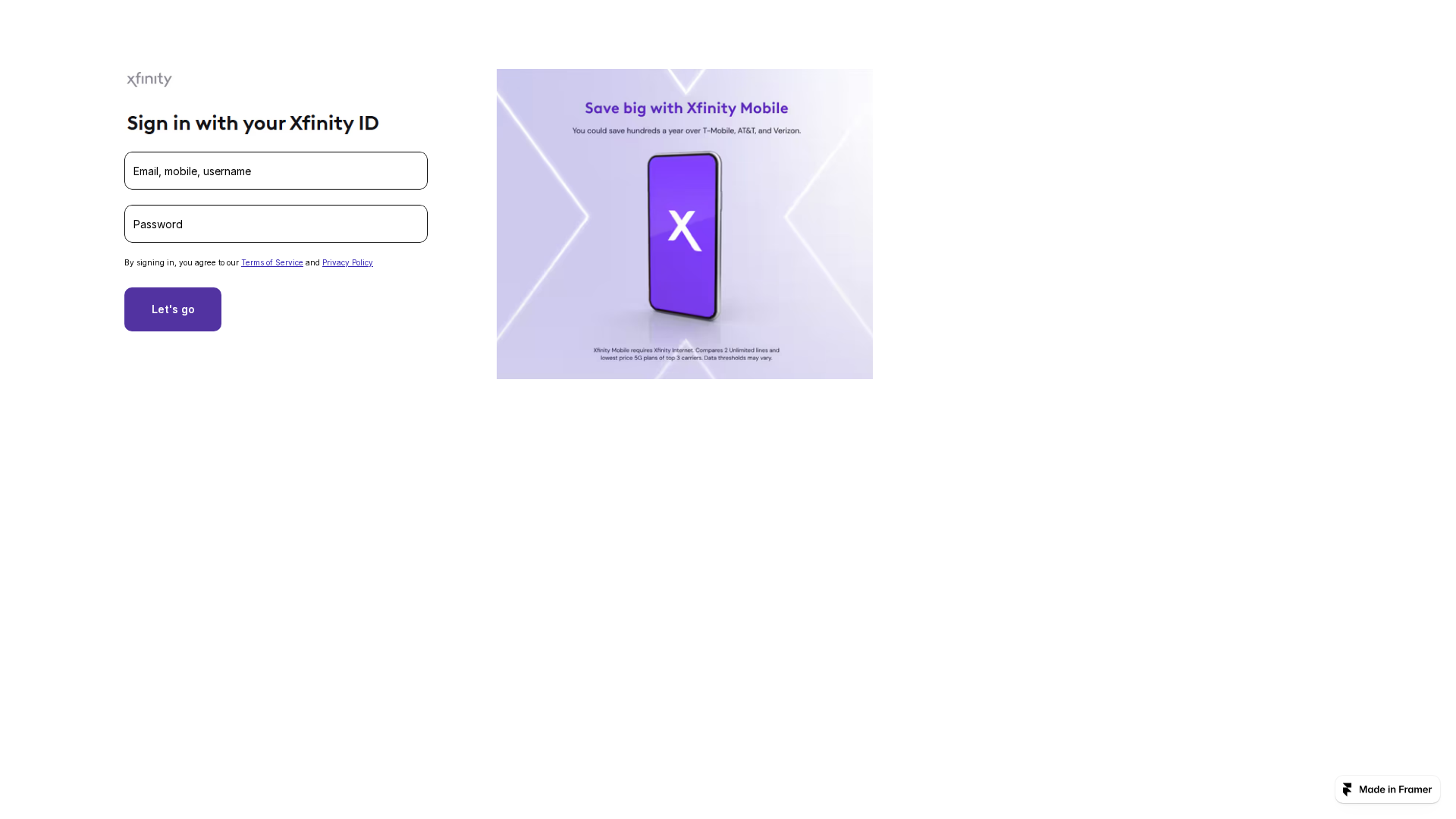 Screenshot of myxfinitymailorg.framer.website