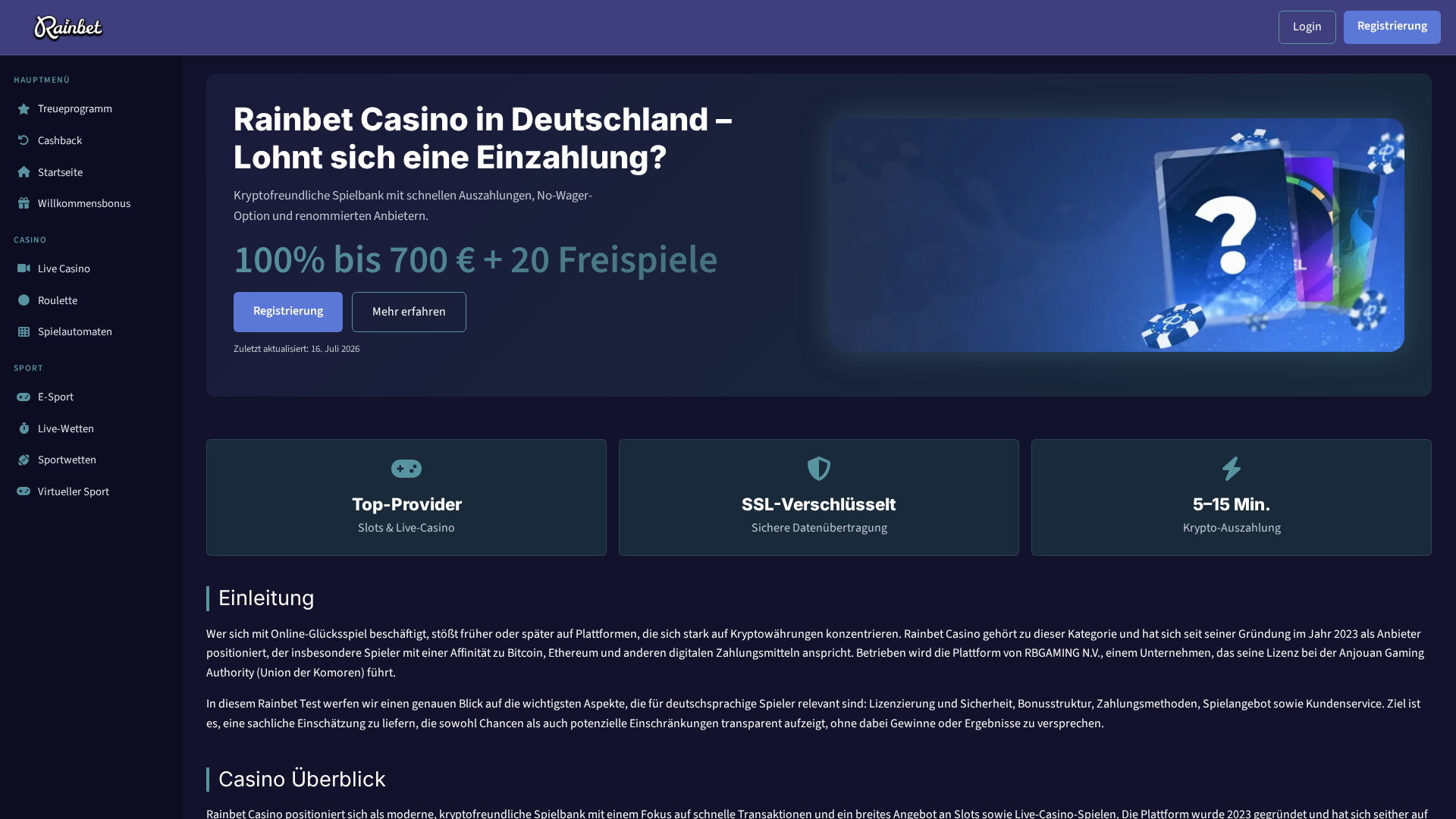 Screenshot of rainbetcasino.jetzt