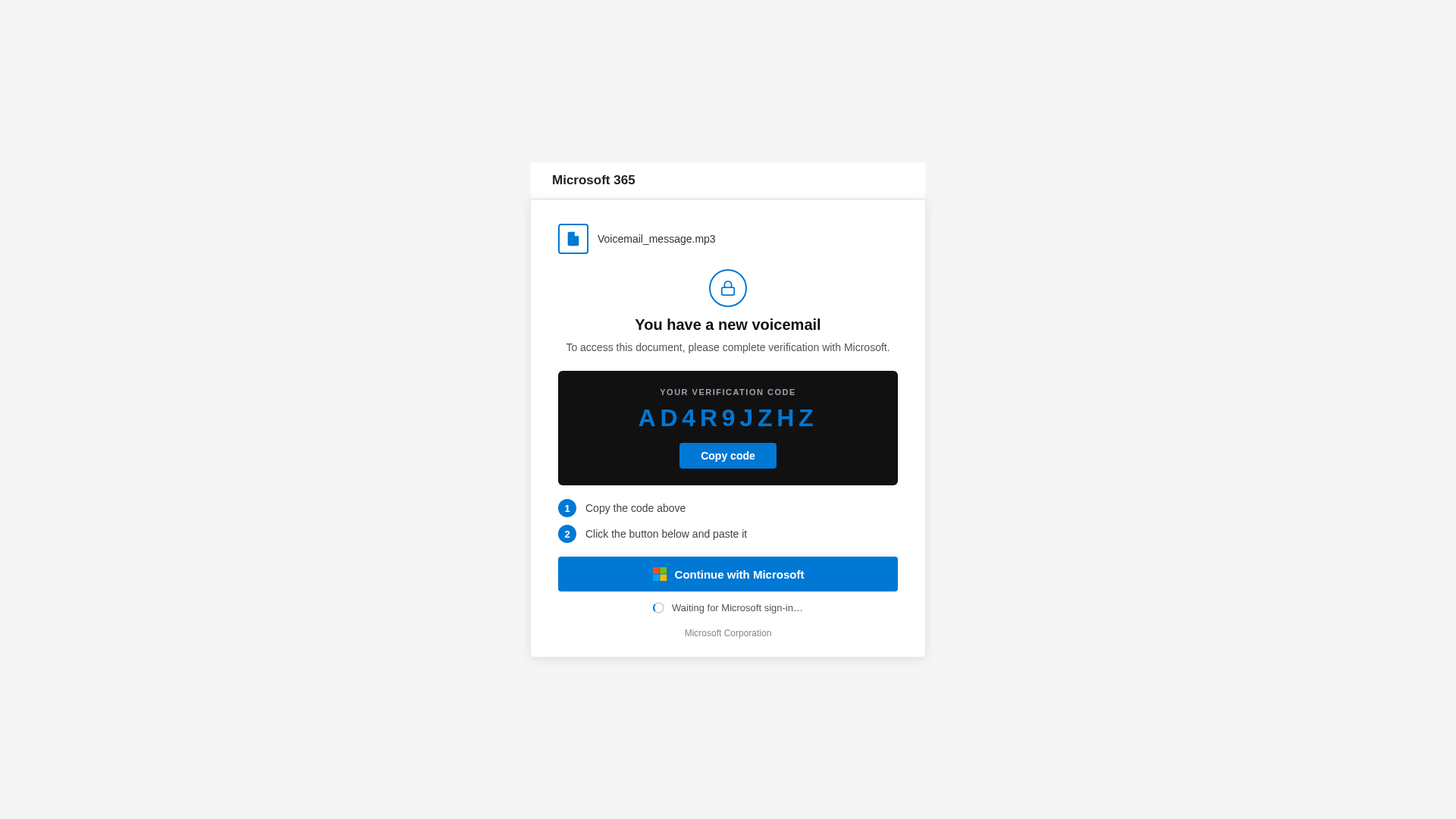 Screenshot of microsoftvoicemail-b2f5h6gpeshvfuhk.z02.azurefd.net