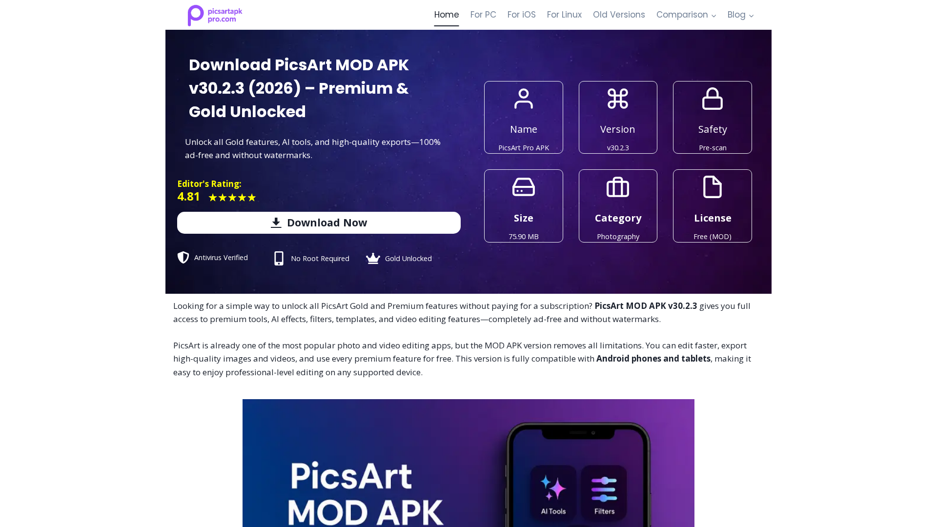 Screenshot of picsartapkpro.com