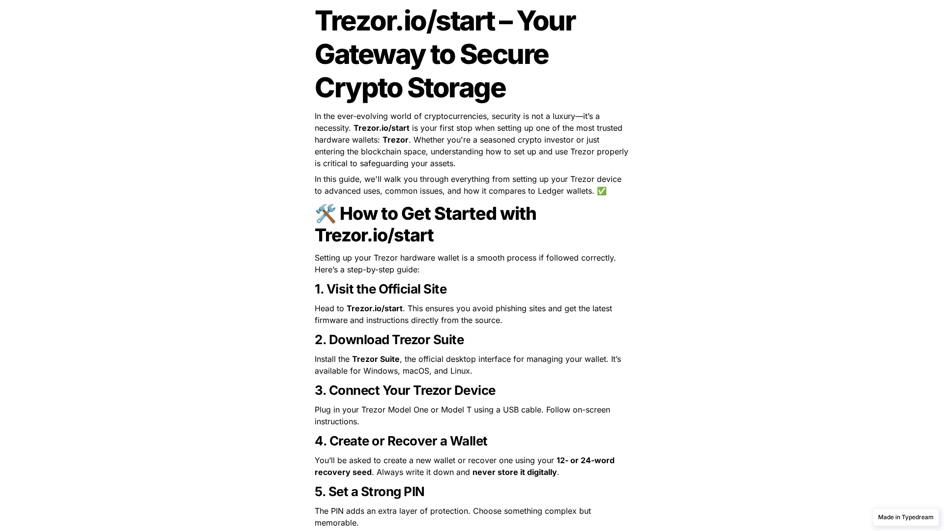 Screenshot of trezr-page-start.typedream.app