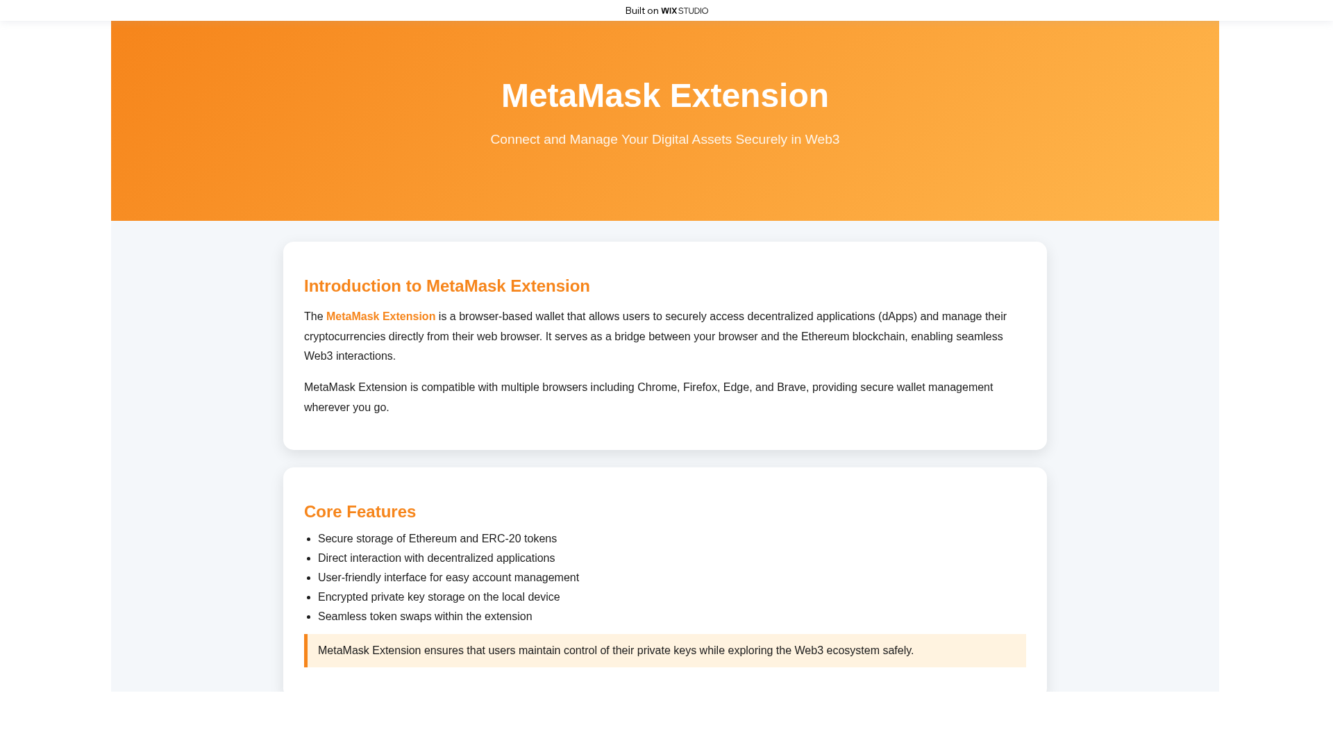 Screenshot of homepage-metamask.wixstudio.com