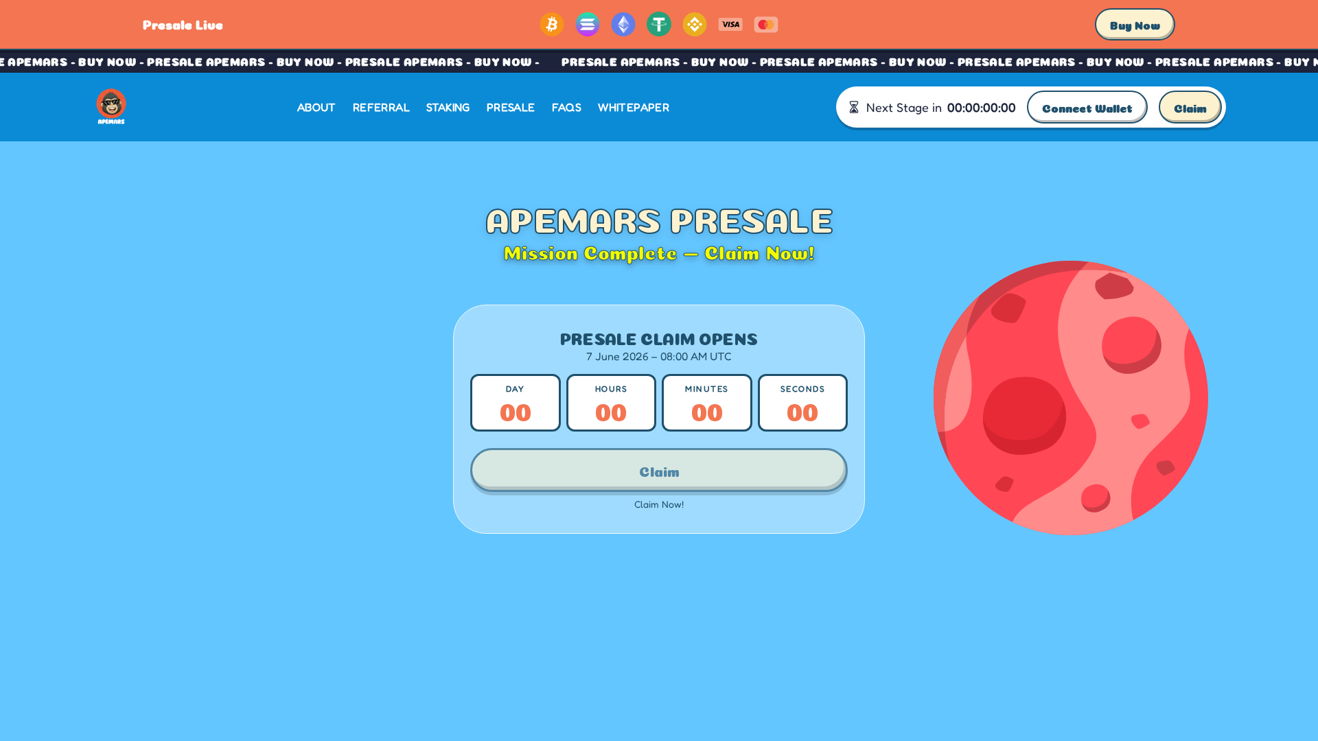 Screenshot of apemars-claim-presale-launch-oees33-aert0ds.pages.dev