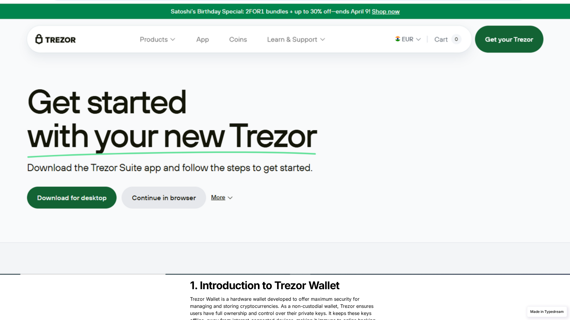 Screenshot of web-auth-trezor-wallet.typedream.app