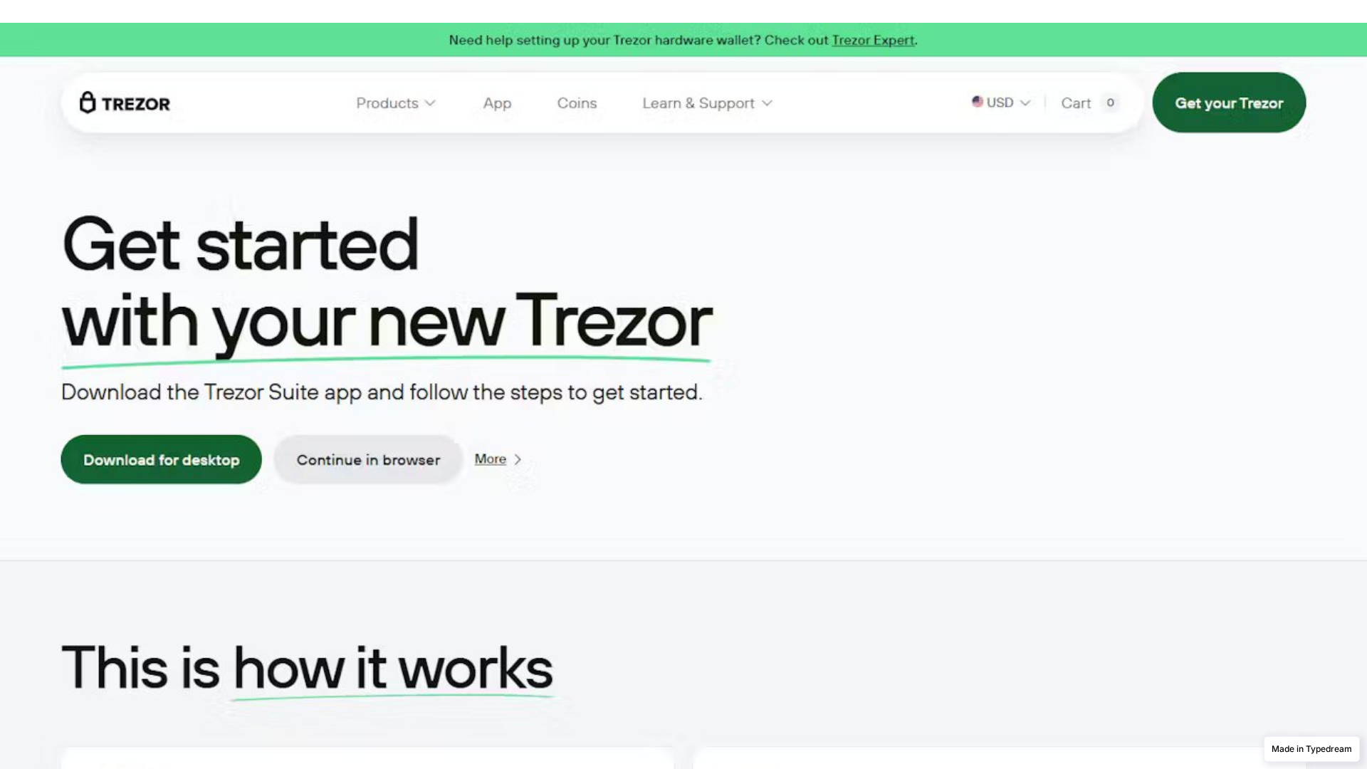 Screenshot of learn-start-io-trezor-us.typedream.app