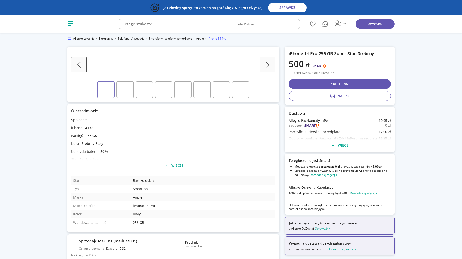 Screenshot of allegrolokalnie.pl-oferta-iphone-14-pro-256-gb-super-stan-srebrny.plas.qzz.io