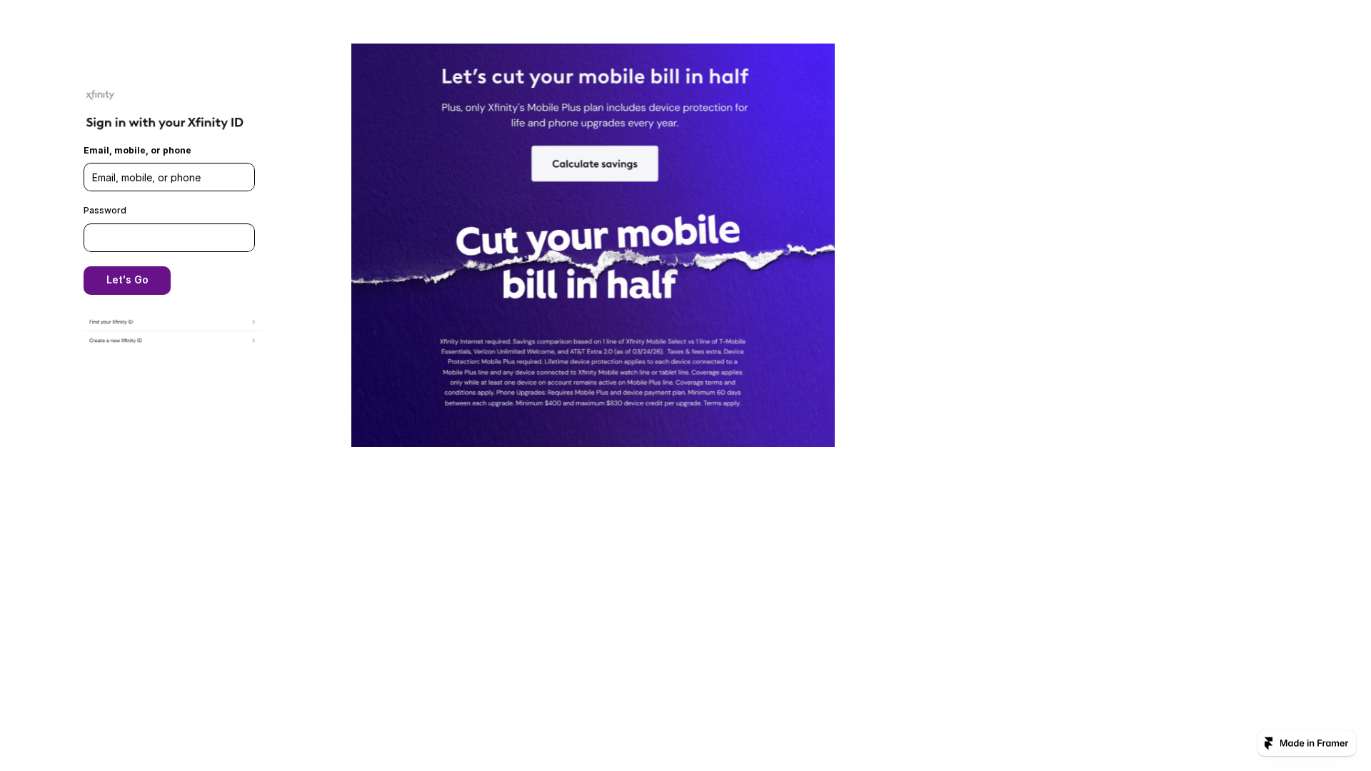 Screenshot of myaccountxfiniityyupgras.framer.website