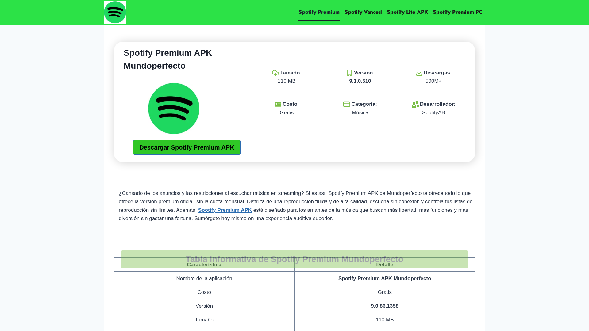 Screenshot of www.spotifypremiumapkmundoperfecto.com