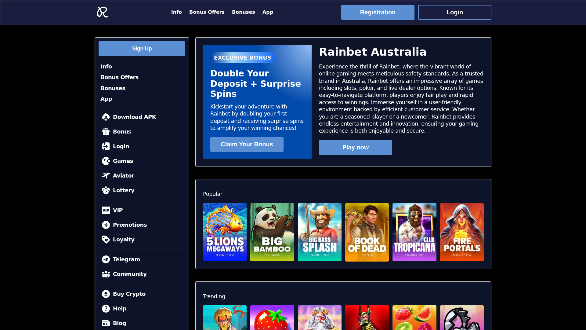 Screenshot of casinorainbetaustralia.com