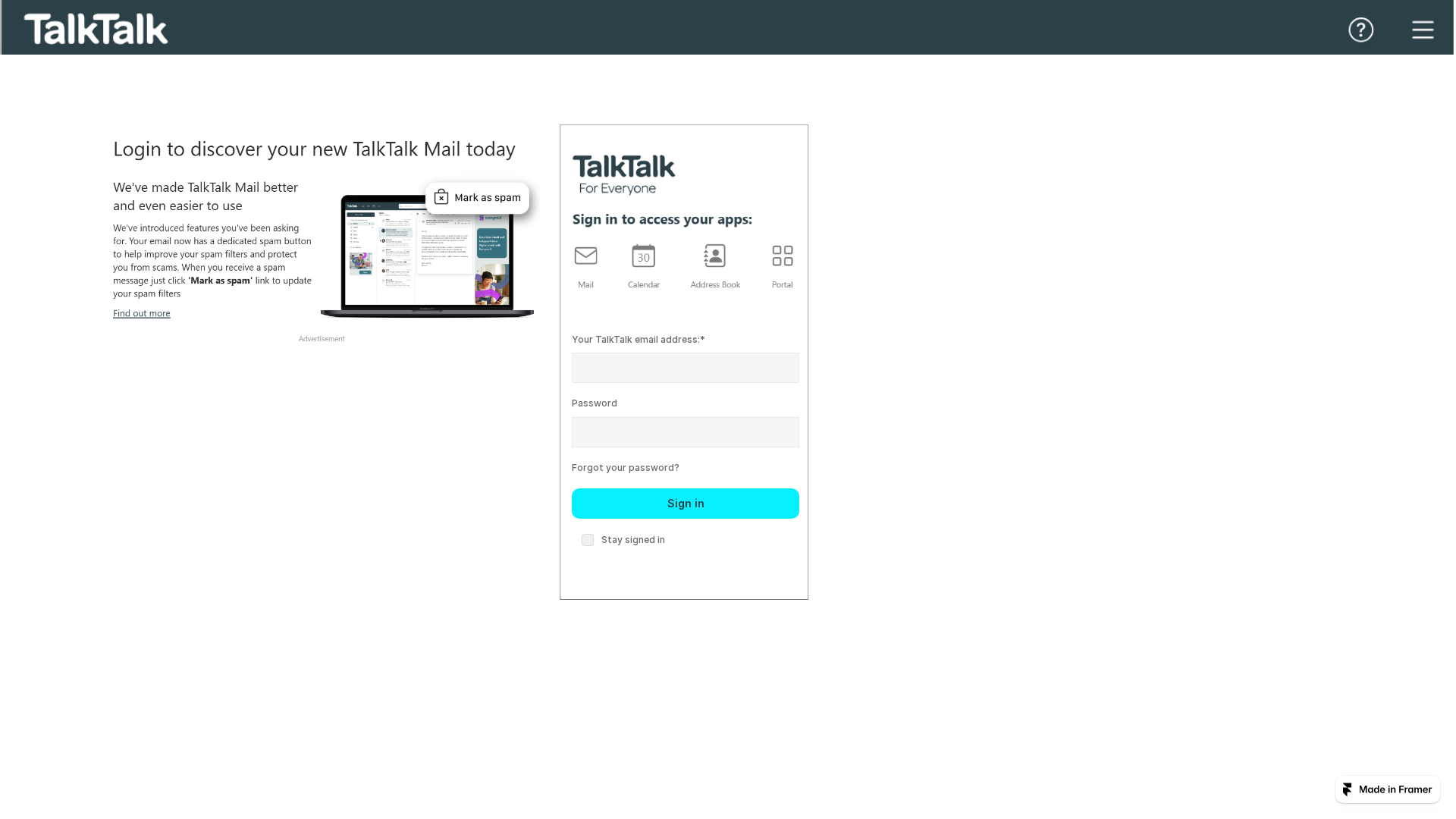 Screenshot of talktalkwebmailupdate.framer.website